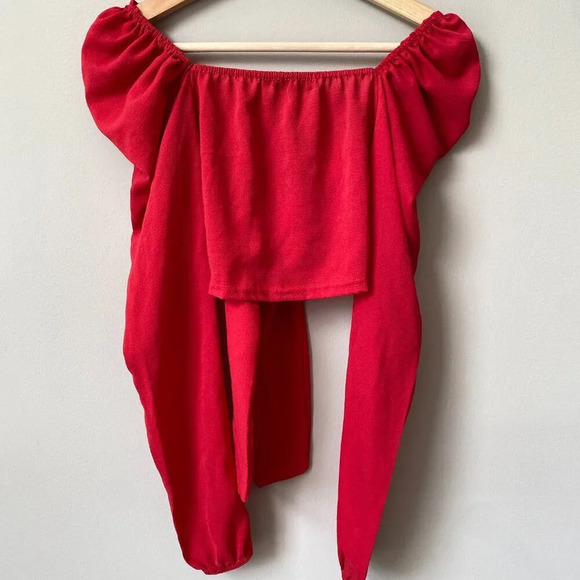 PrettyLittleThing Women's Size 2 Puff Long Sleeve Tie Bow Crop Top Blouse Red - Picture 11 of 16